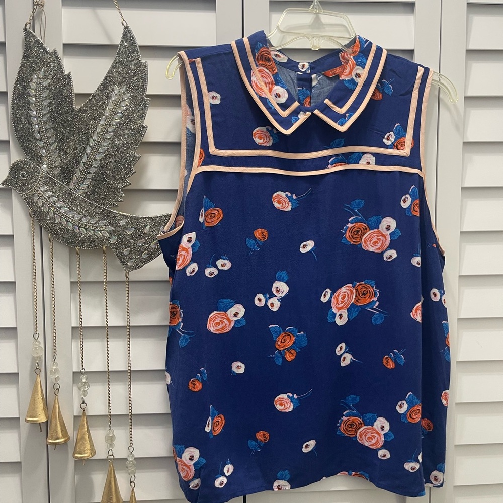 Modcloth Navy Floral Sleeveless Top with Pink Trim
